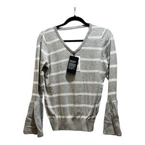 LCHASER- Heather Gray & white striped sweater Medium long bell sleeves NWT